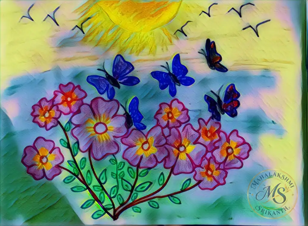Pink Flowers And Blue Butterflies — drawing by Mahalakshmi Srikanth