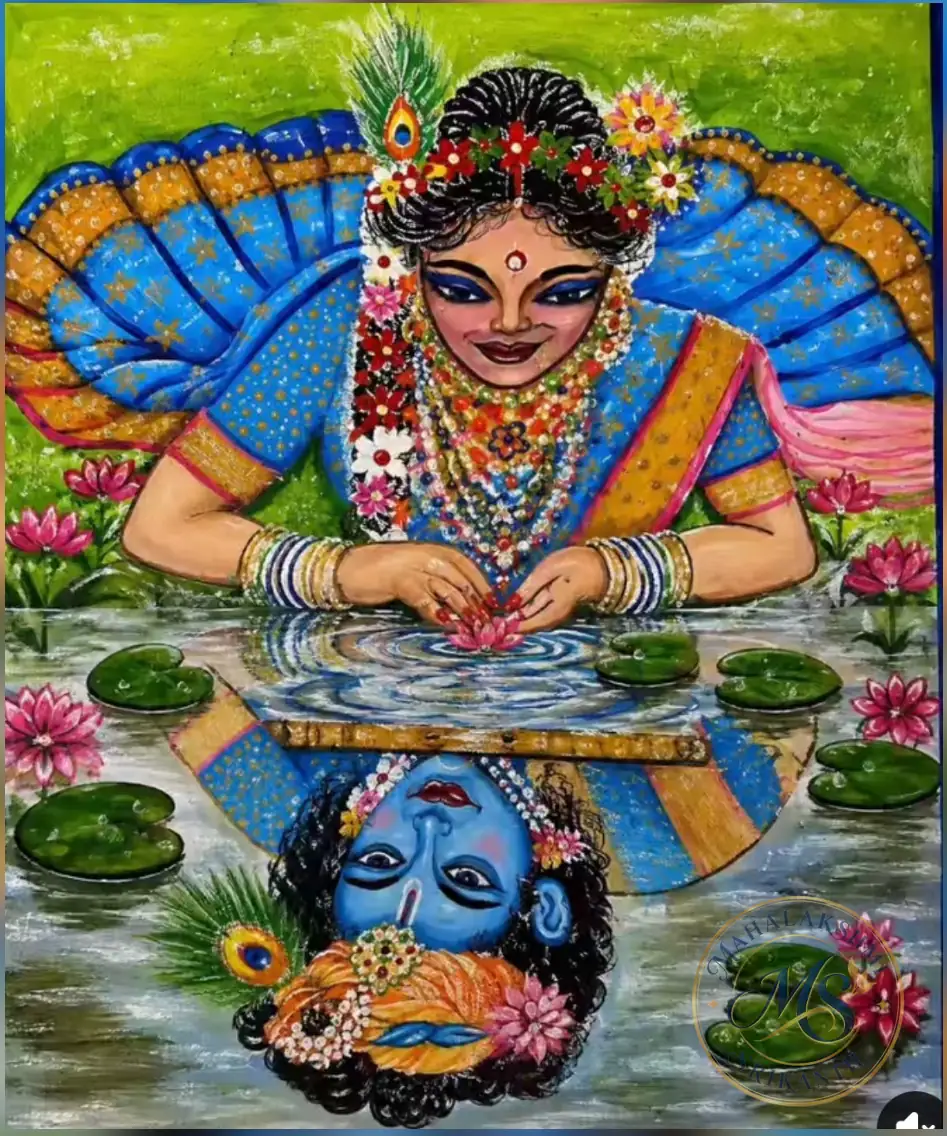 Radha Seeing Krishna Reflection — painting by Mahalakshmi Srikanth