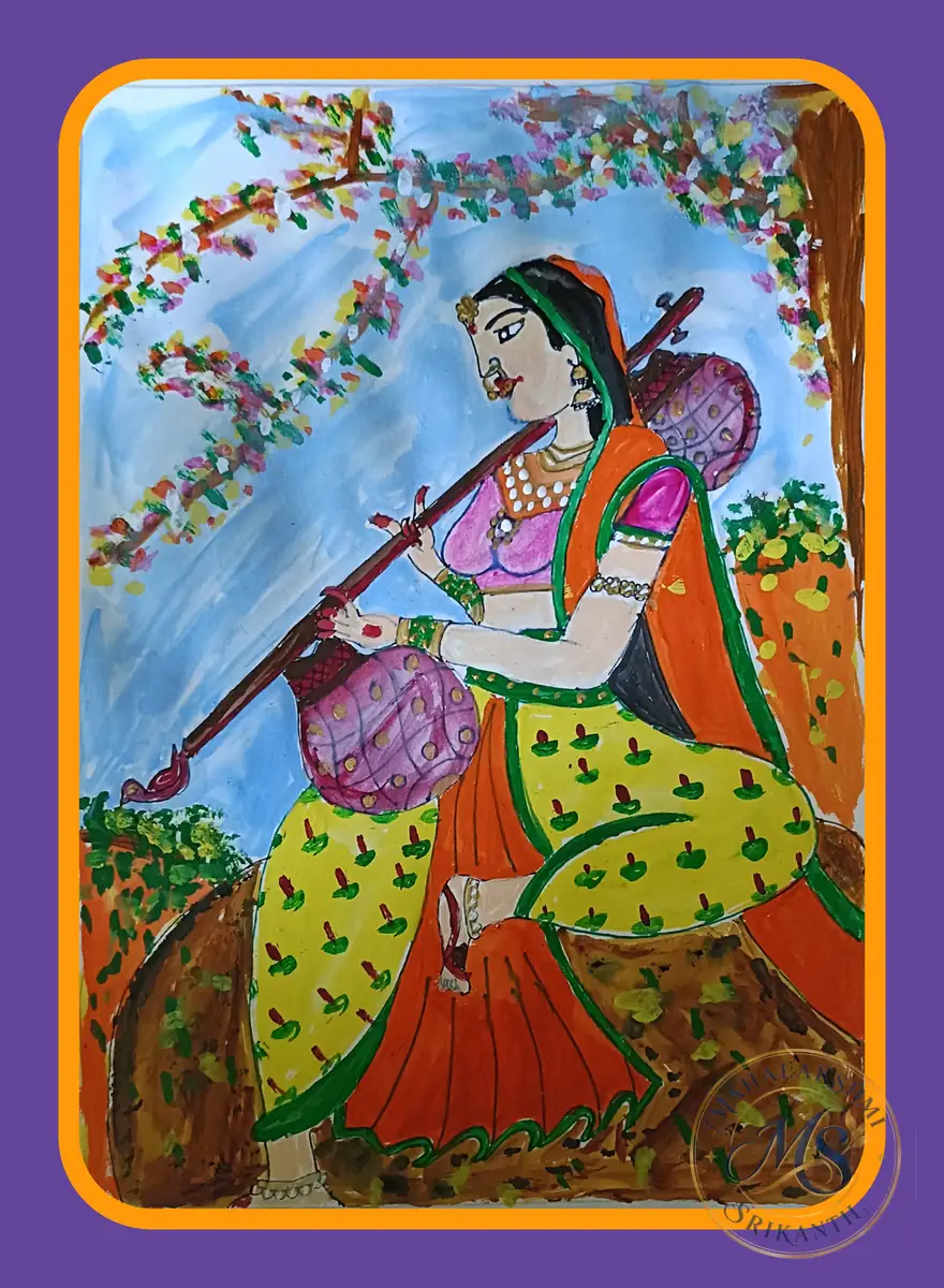 Rajasthani Woman With Veena — painting by Mahalakshmi Srikanth