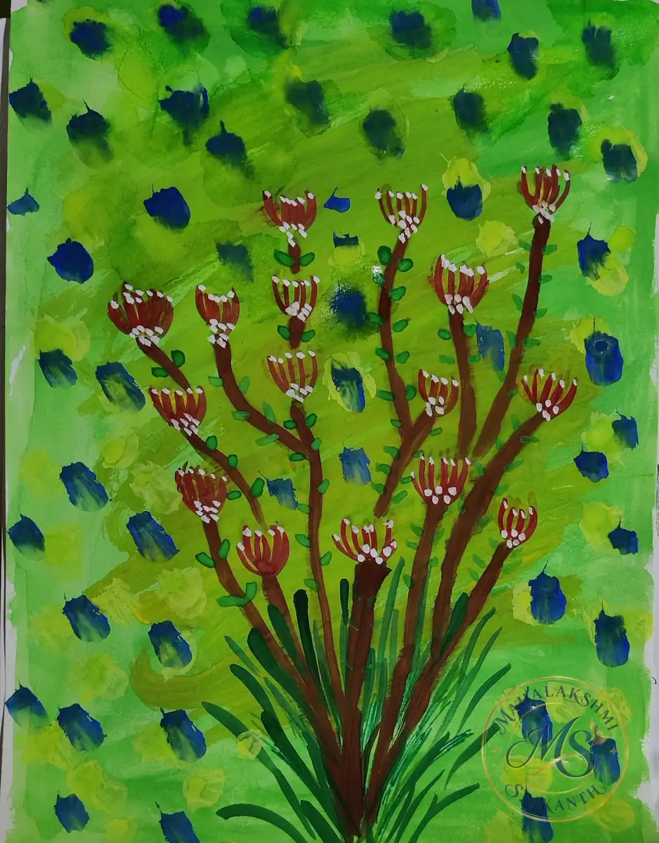 Red Flowering Bush On Green — painting by Mahalakshmi Srikanth