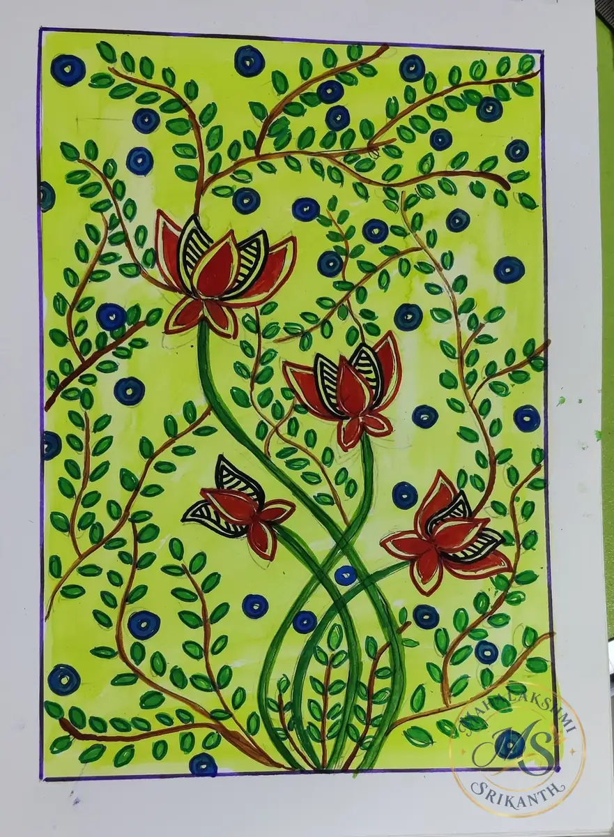 Red Lotus Vines On Yellow — painting by Mahalakshmi Srikanth
