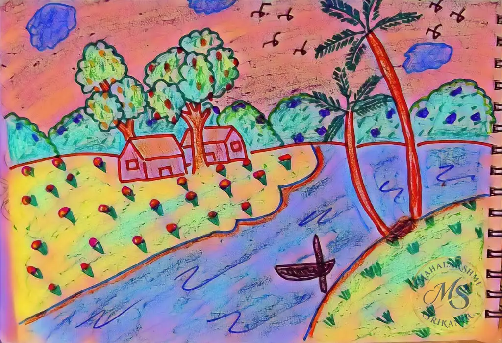 River Village Landscape — drawing by Mahalakshmi Srikanth