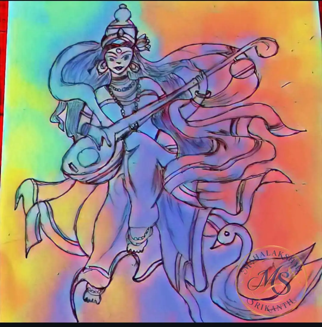 Saraswati With Veena And Swan — drawing by Mahalakshmi Srikanth