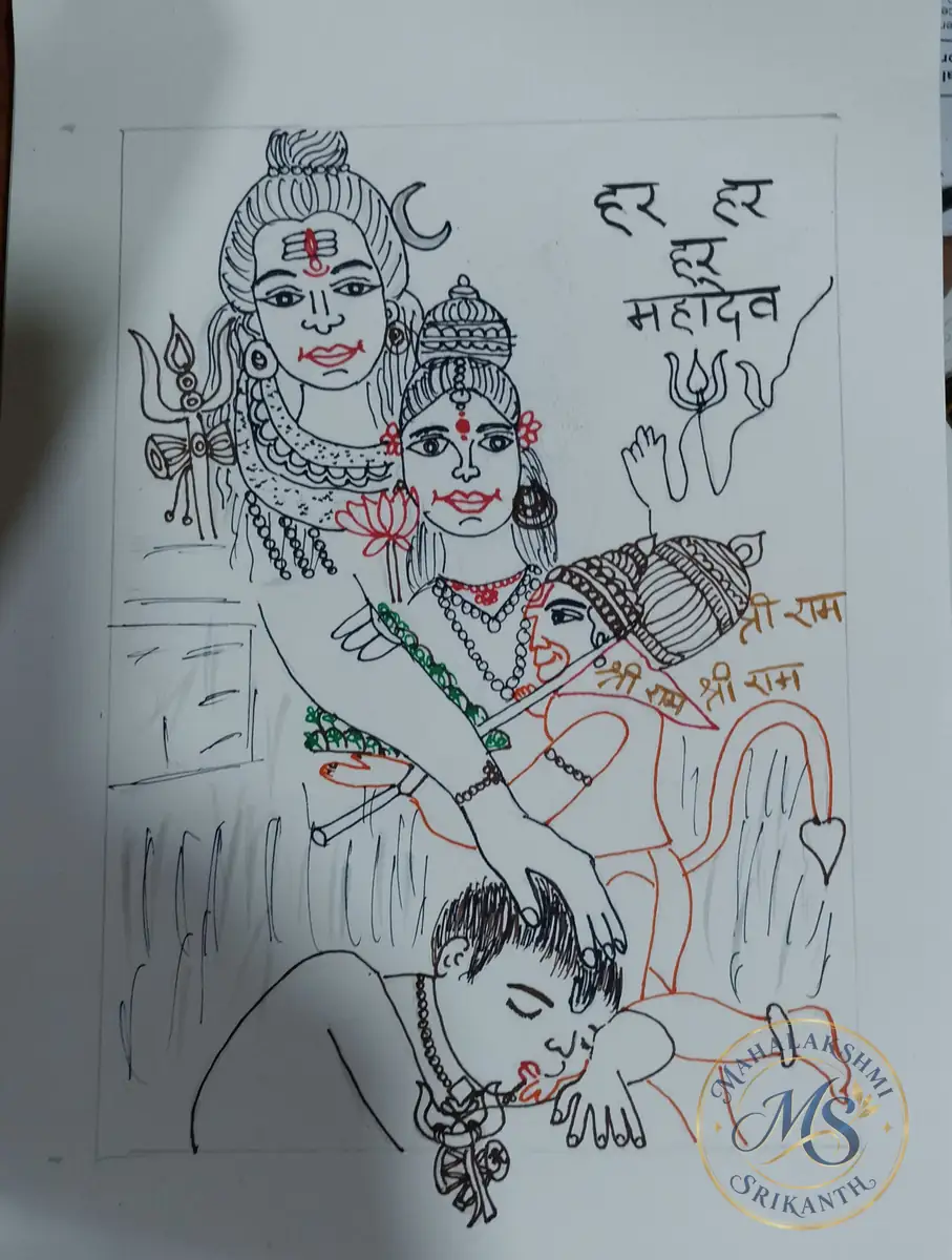 Shiva Parvati And Hanuman Drawing — drawing by Mahalakshmi Srikanth