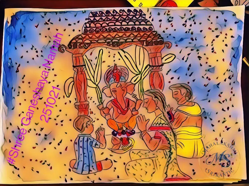 Shree Ganesha Puja Family — drawing by Mahalakshmi Srikanth