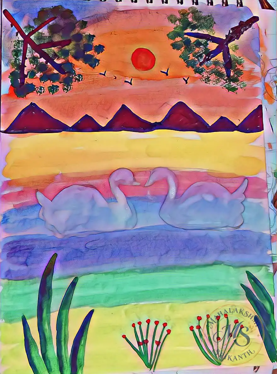 Swans And Mountains At Sunset — painting by Mahalakshmi Srikanth
