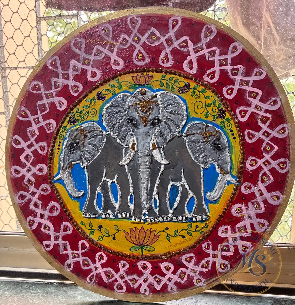 Three Elephants Round Canvas Painting — painting by Mahalakshmi Srikanth