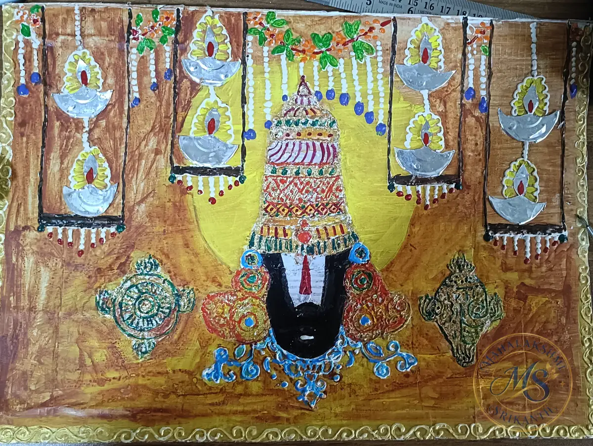 Tirupati Balaji With Hanging Diyas — painting by Mahalakshmi Srikanth