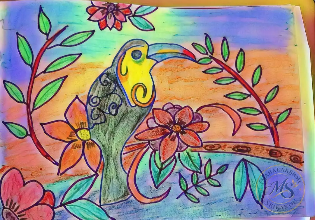 Toucan with Flowers — drawing by Mahalakshmi Srikanth
