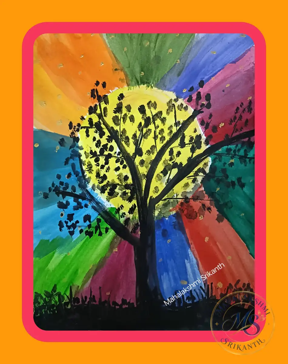 Tree Silhouette Rainbow Rays — painting by Mahalakshmi Srikanth