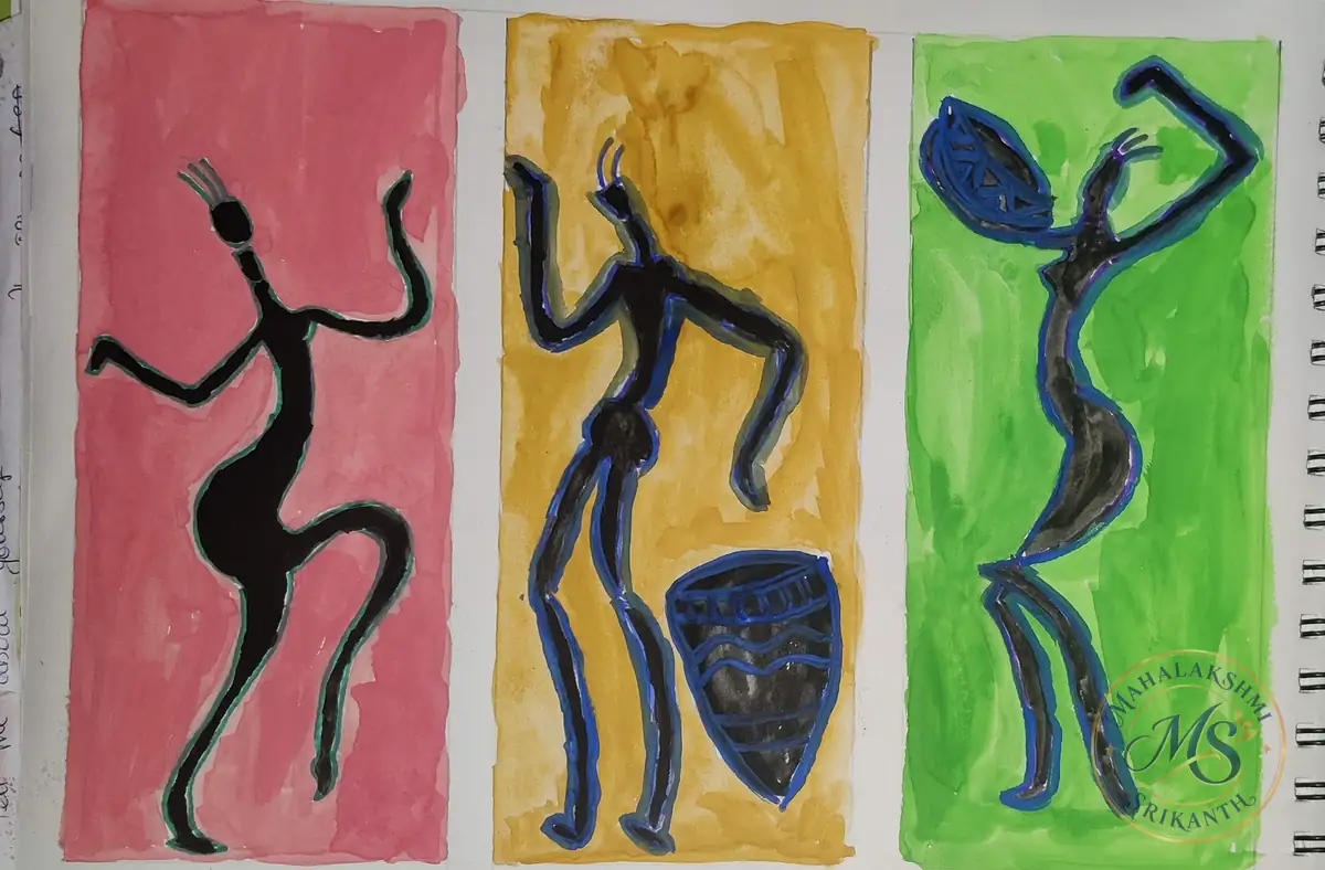 Tribal Dancers Three Panels — painting by Mahalakshmi Srikanth