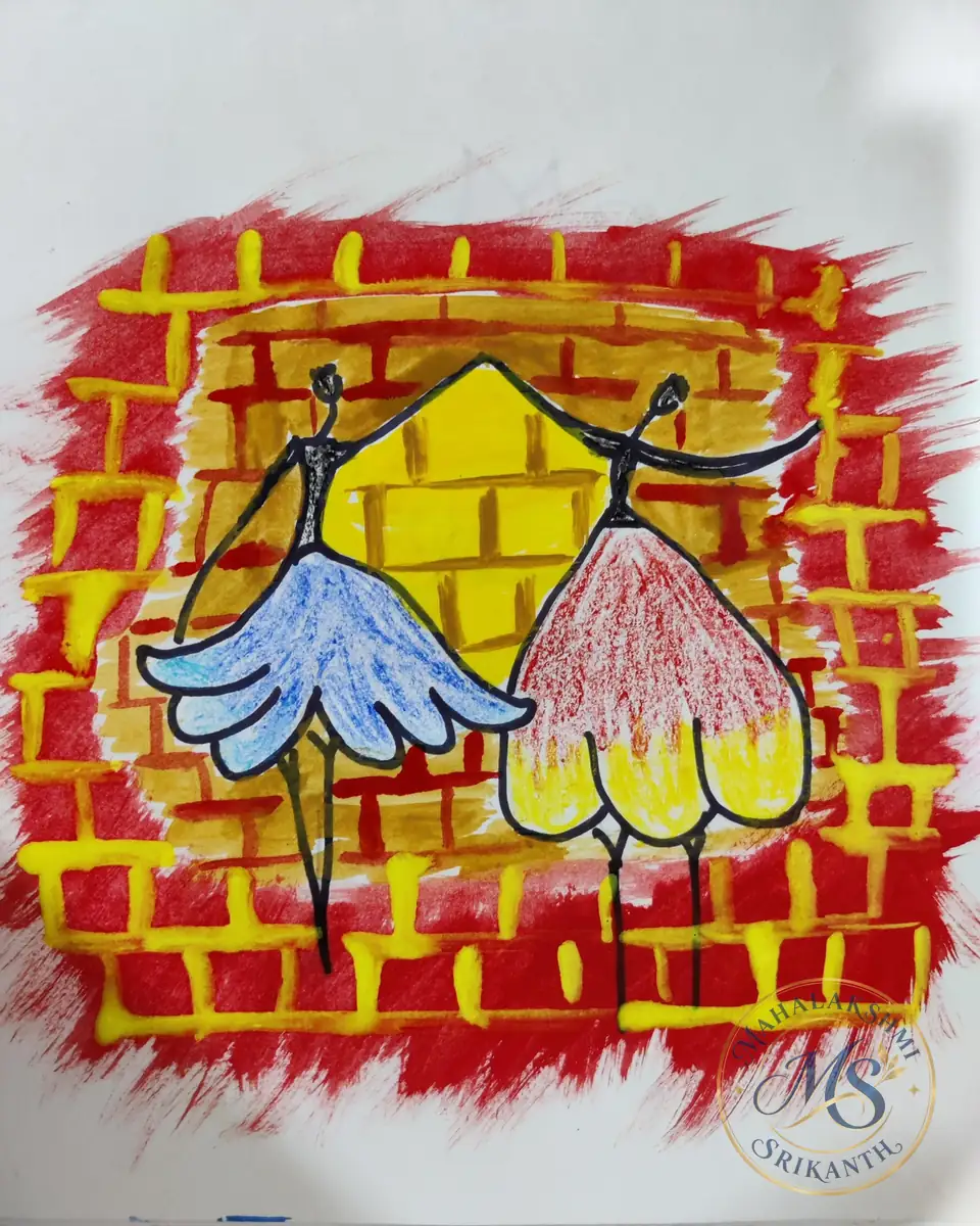 Two Dancers Against Yellow Brick Wall — painting by Mahalakshmi Srikanth