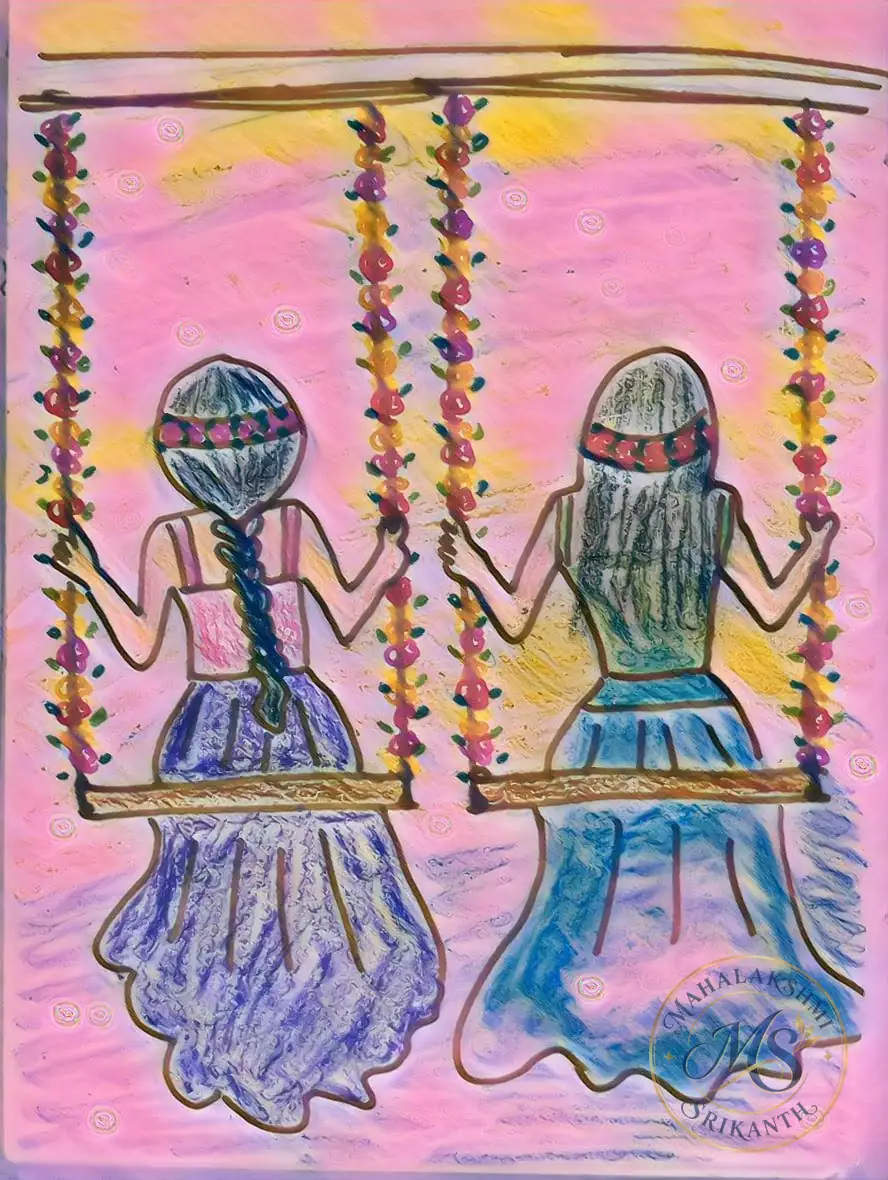 Two Girls On Flower Swings — painting by Mahalakshmi Srikanth