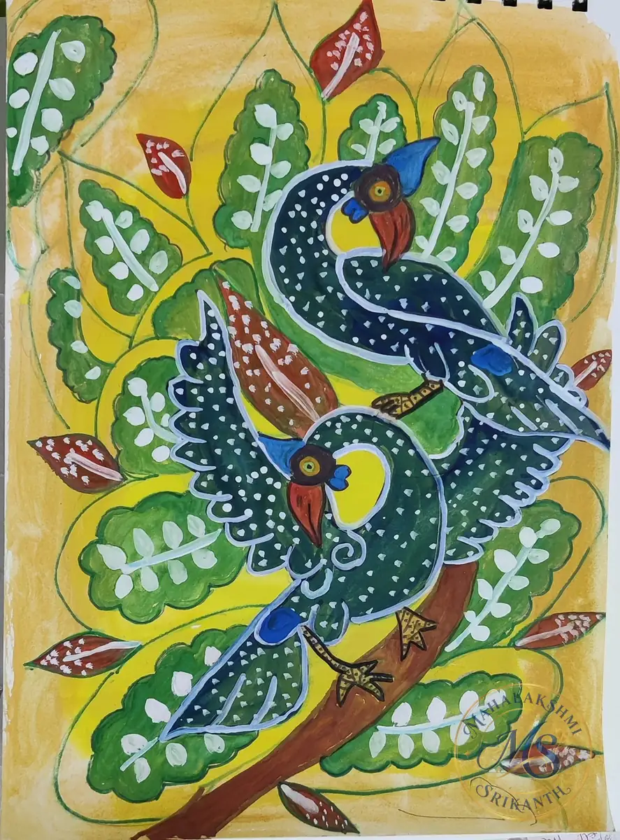 Two Peacocks In Leaves — painting by Mahalakshmi Srikanth