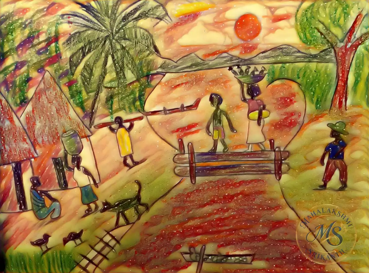 Village Life Sunset Scene — drawing by Mahalakshmi Srikanth