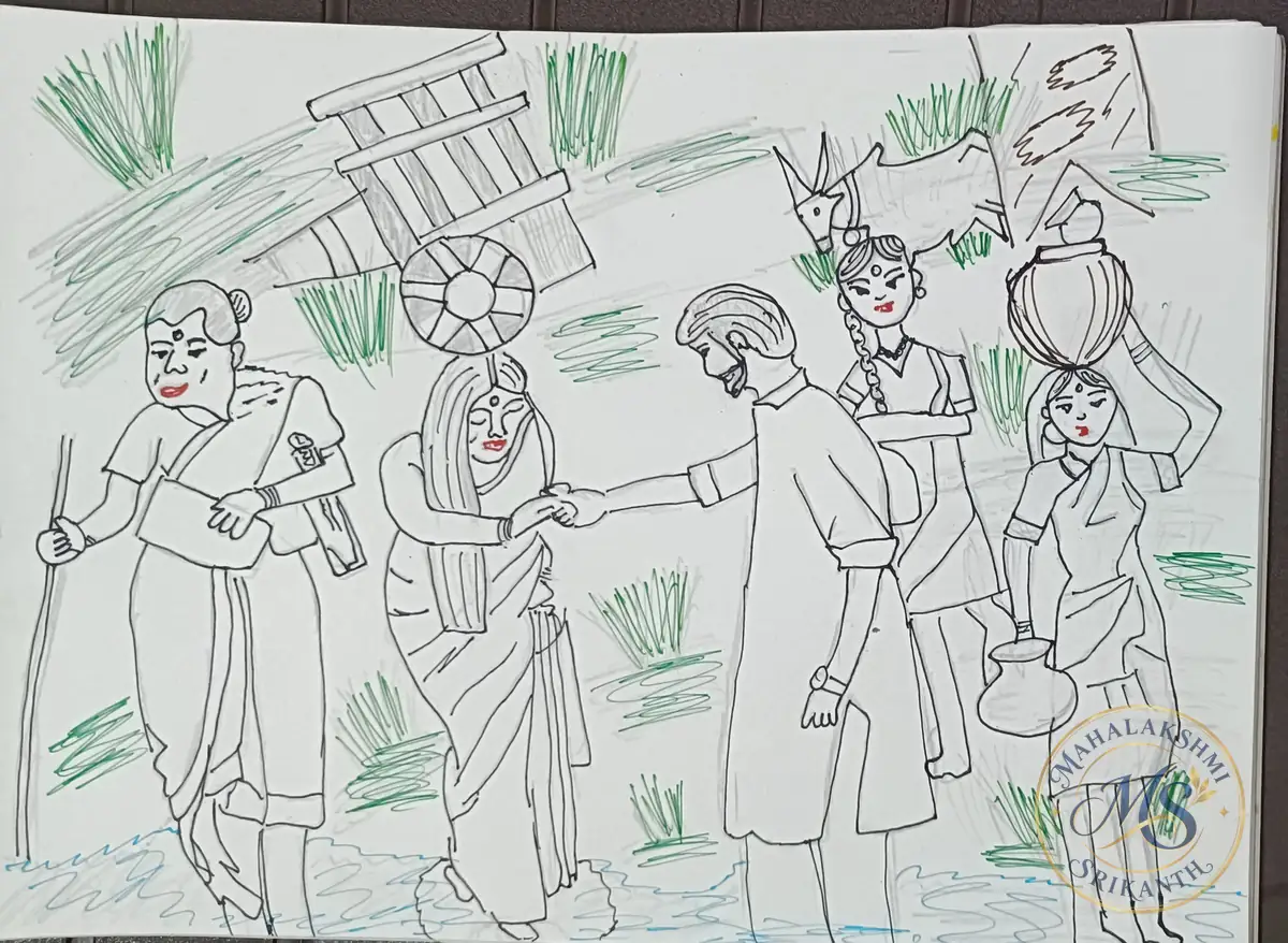 Village Women Carrying Pots Drawing — drawing by Mahalakshmi Srikanth