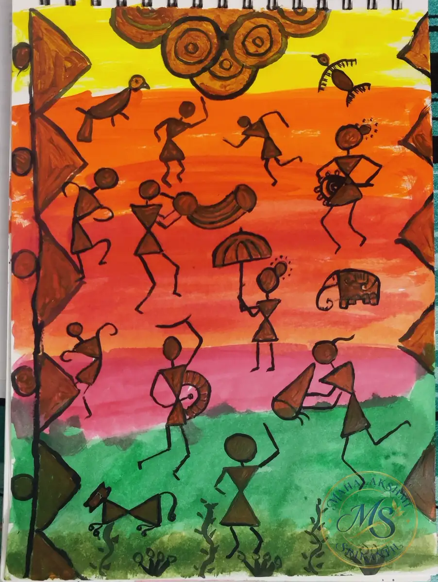 Warli Dancers On Sunset Wash — painting by Mahalakshmi Srikanth