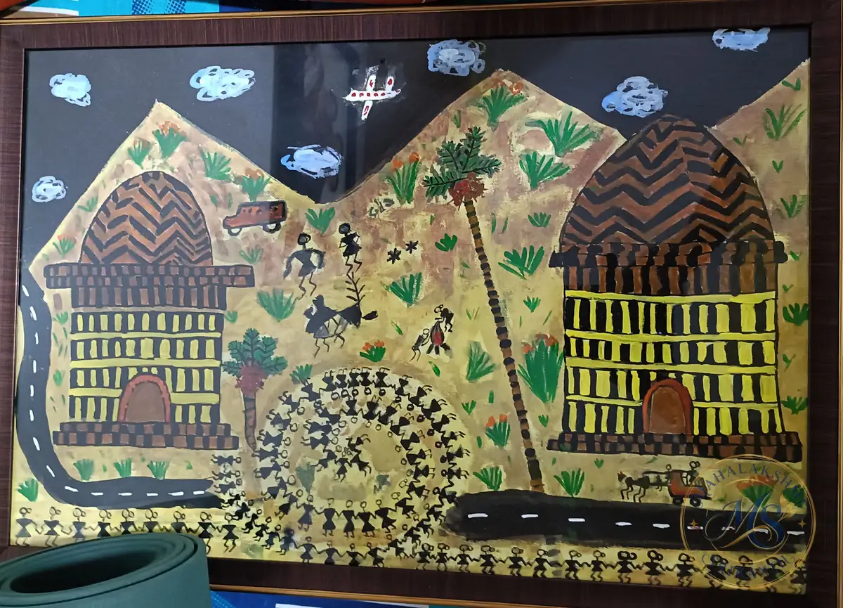 Warli Village Scene Framed — painting by Mahalakshmi Srikanth