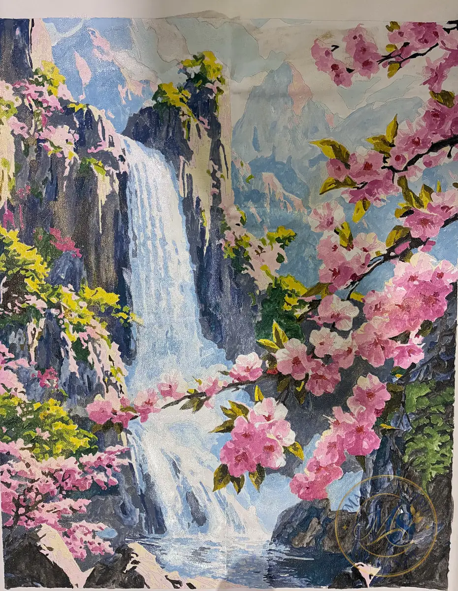 Waterfall and Cherry Blossoms Painting — painting by Mahalakshmi Srikanth