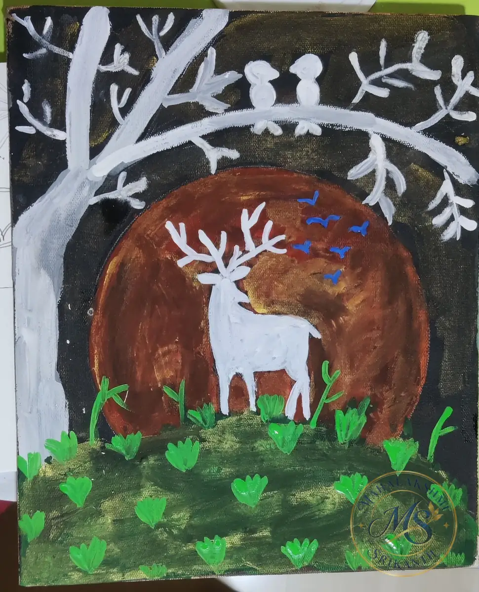 White Deer Under Moonlit Tree — painting by Mahalakshmi Srikanth