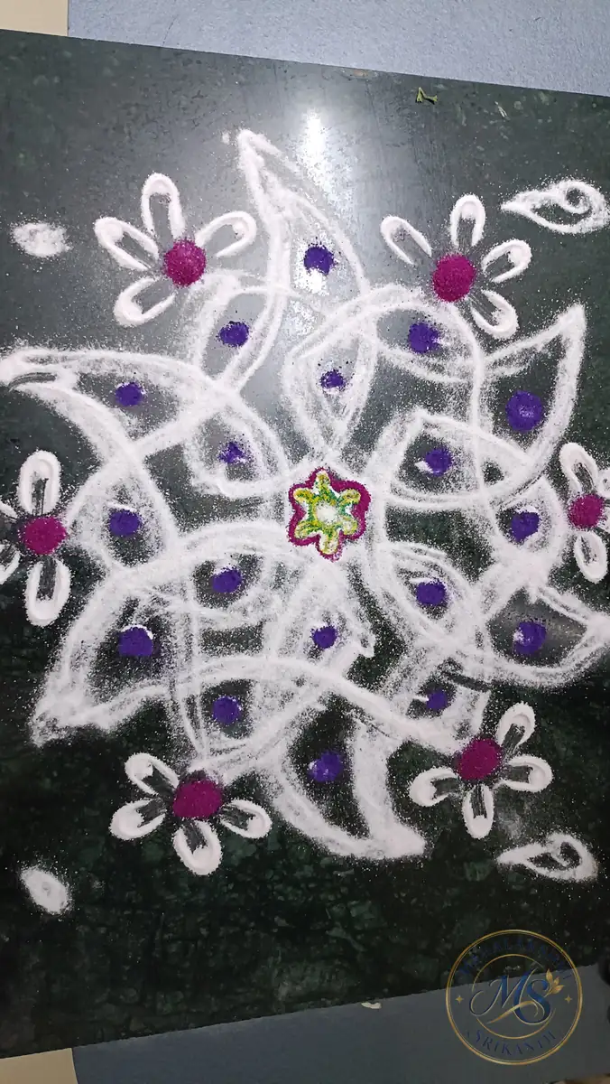 White Kolam With Purple Dots — rangoli by Mahalakshmi Srikanth
