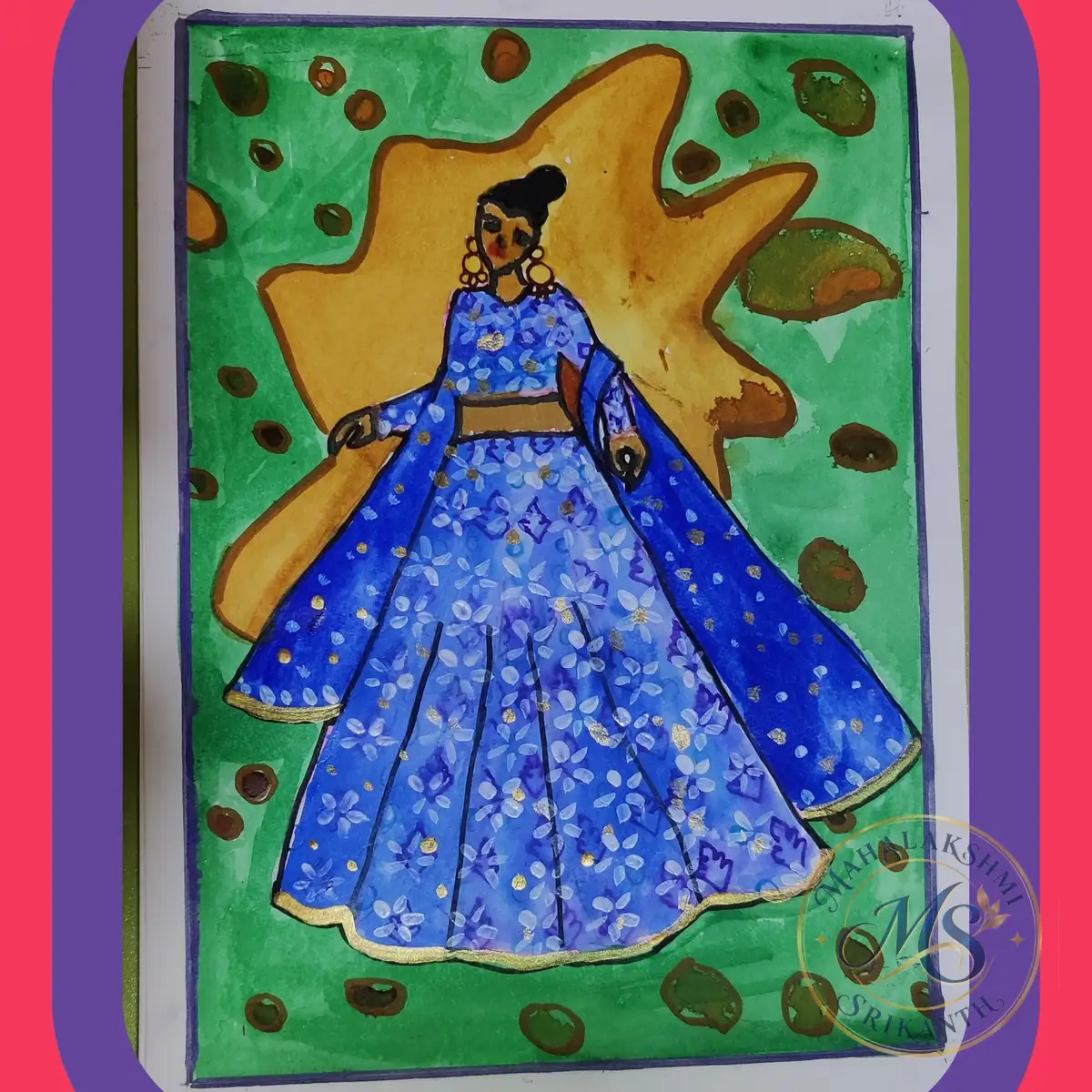 Woman In Blue Lehenga — painting by Mahalakshmi Srikanth