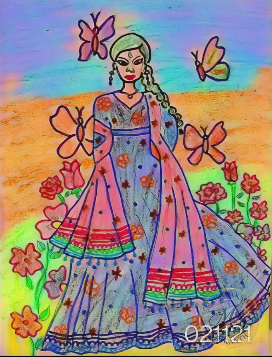 Woman In Lehenga With Butterflies — drawing by Mahalakshmi Srikanth