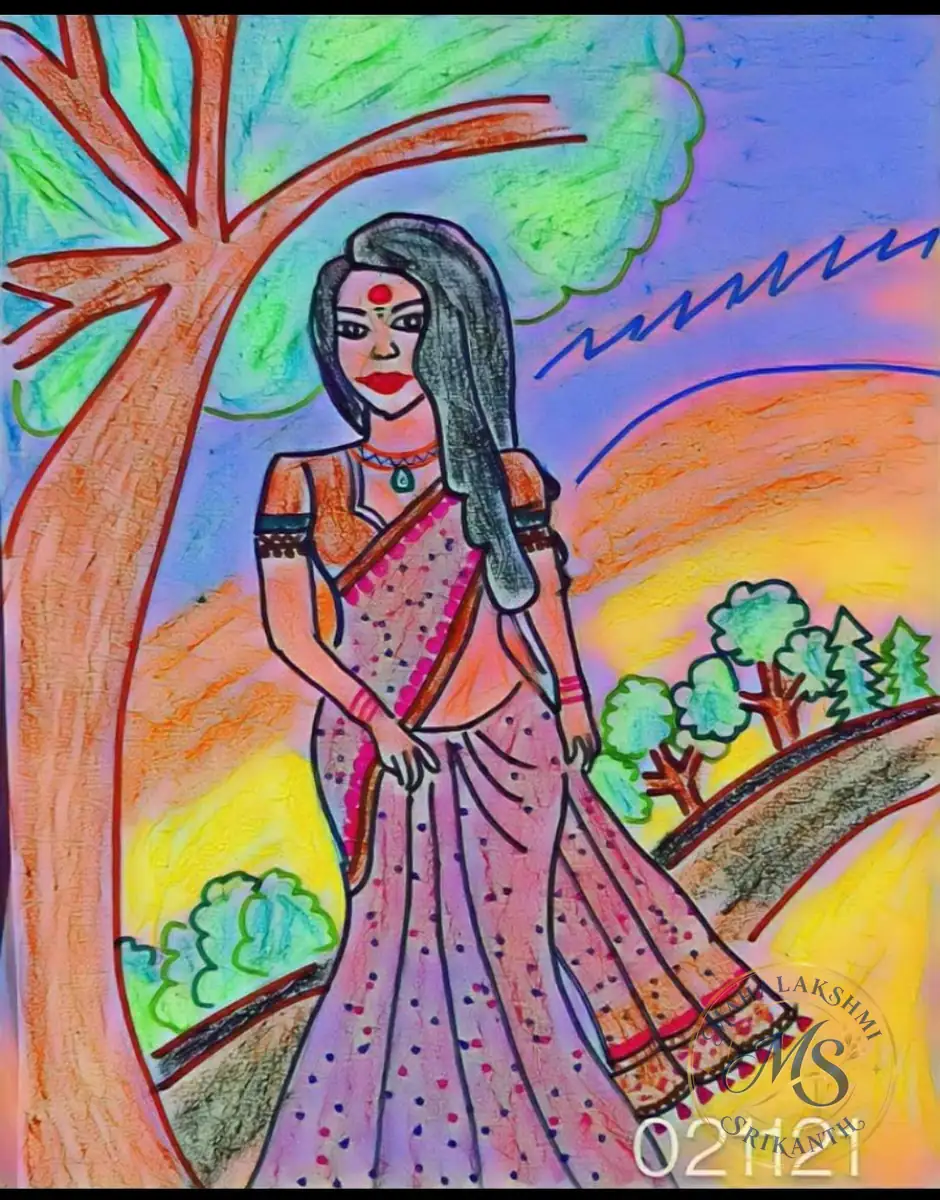 Woman In Saree Under Tree — drawing by Mahalakshmi Srikanth