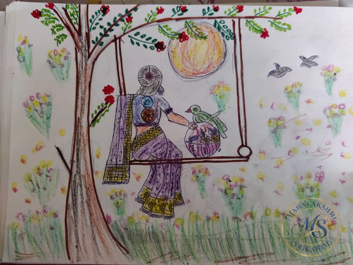 Woman On Garden Swing Drawing — drawing by Mahalakshmi Srikanth
