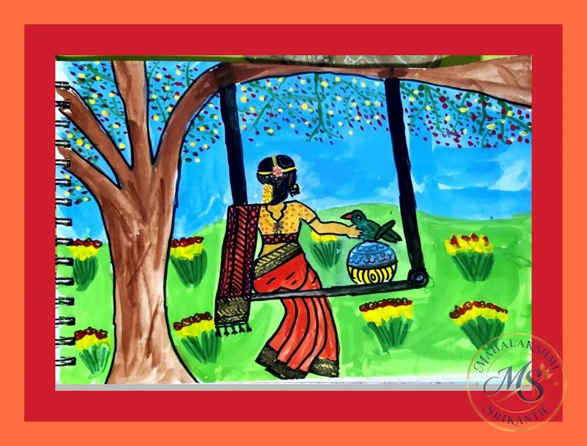 Woman On Tree Swing With Parrot — painting by Mahalakshmi Srikanth