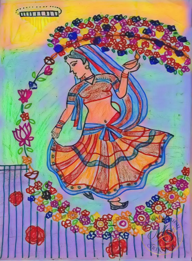 Woman With Diya In Floral Arch — drawing by Mahalakshmi Srikanth